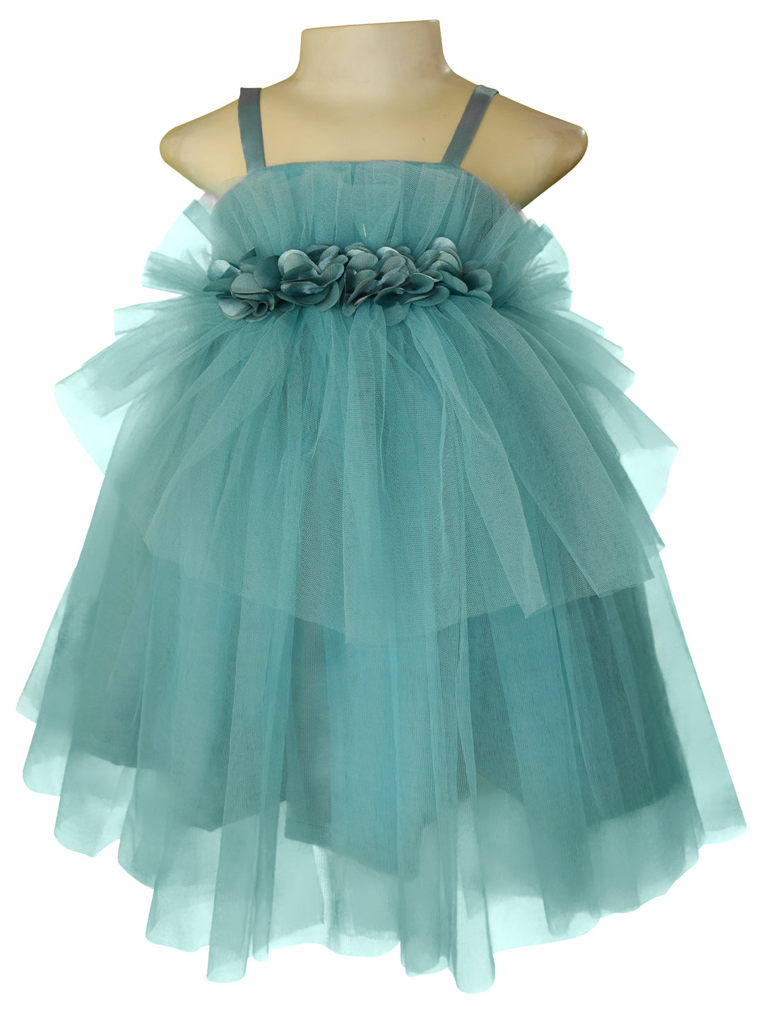 A dress for little girls from Faye. This strappy dress is in Agean Teal net gathered at the waist with flowers 