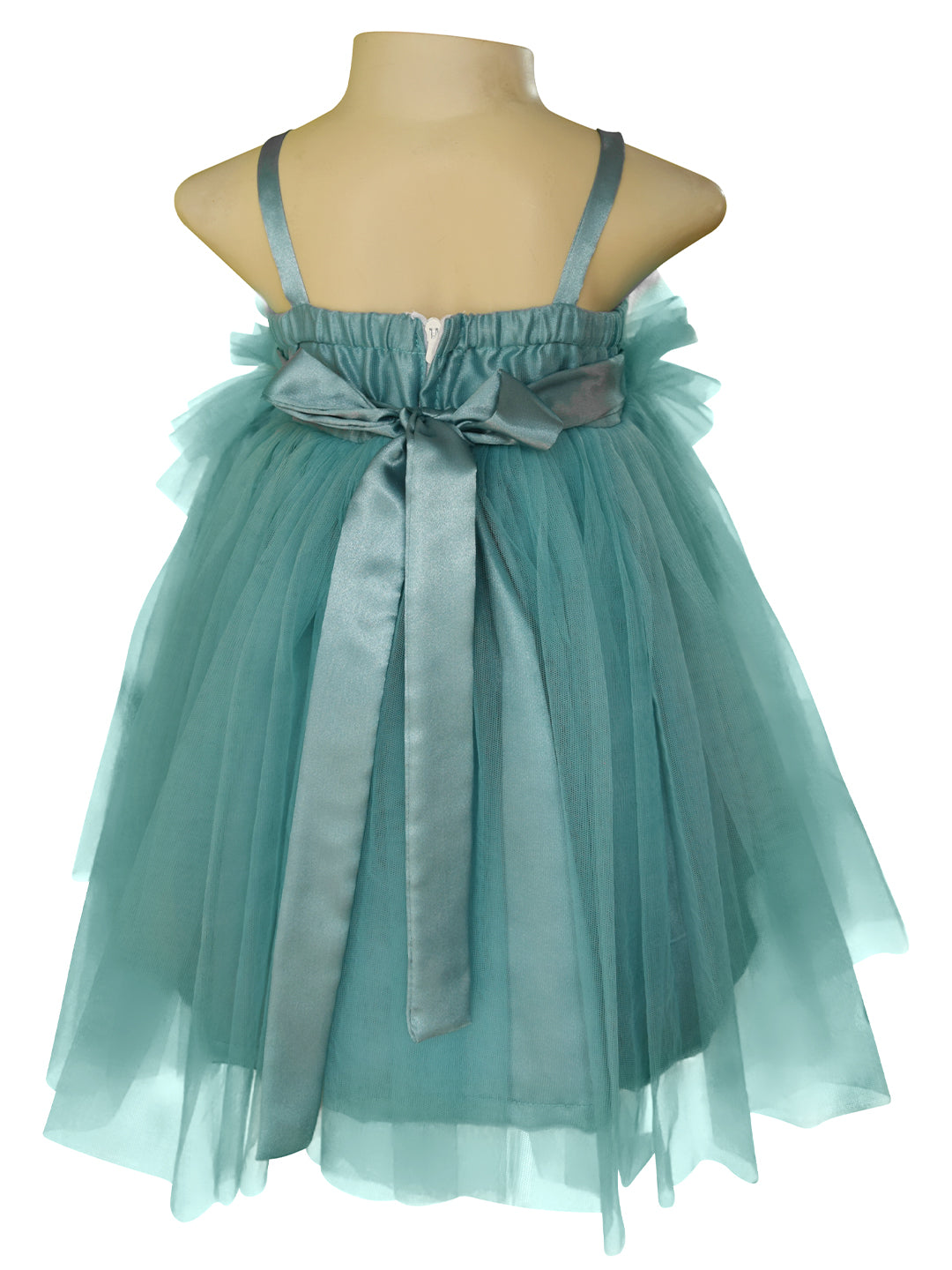 Back side view of Faye Aegean Teal Asymmetric Dress