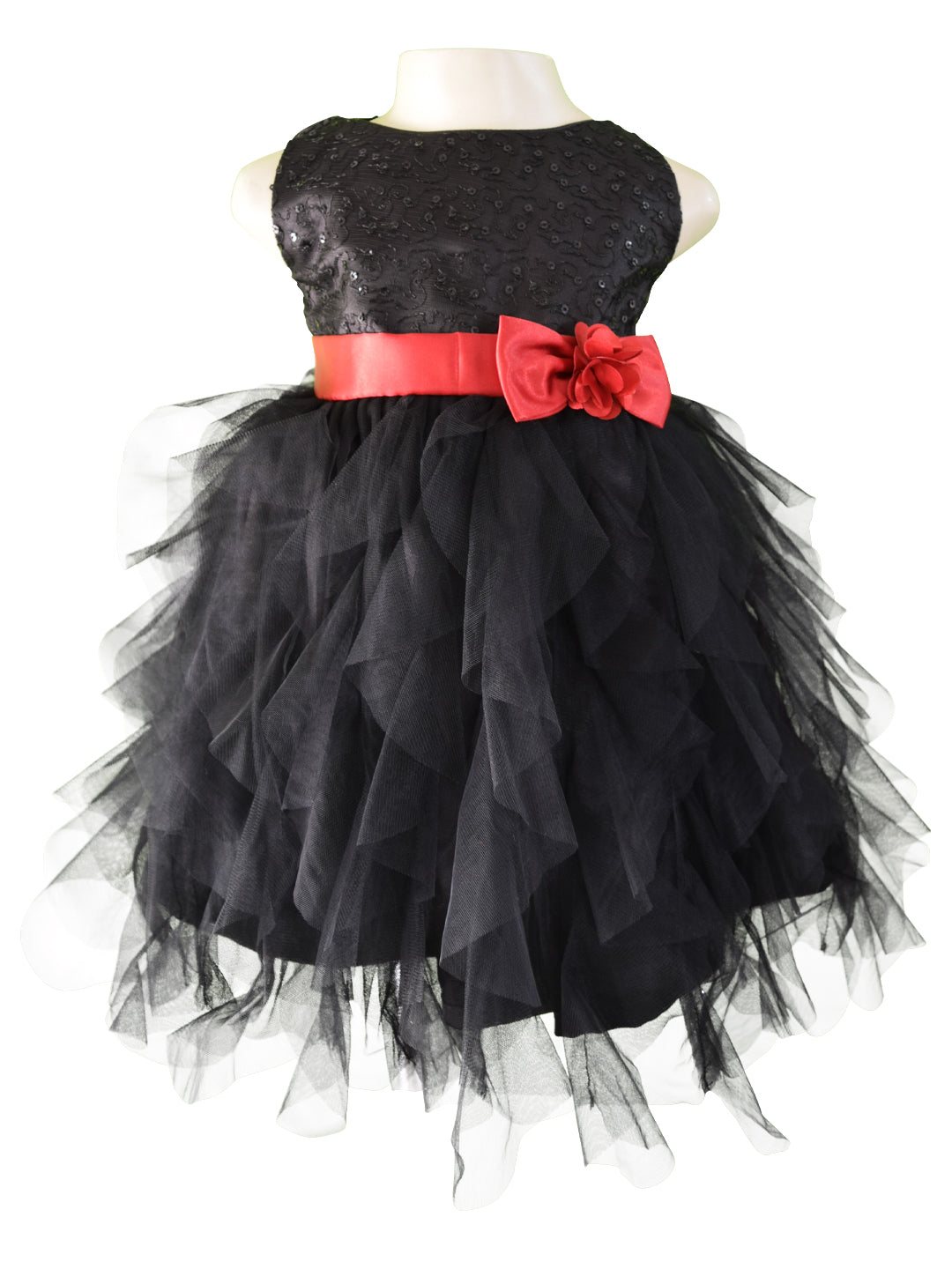 Girls Party Dress_Faye Black Embroidered Waterfall Dress