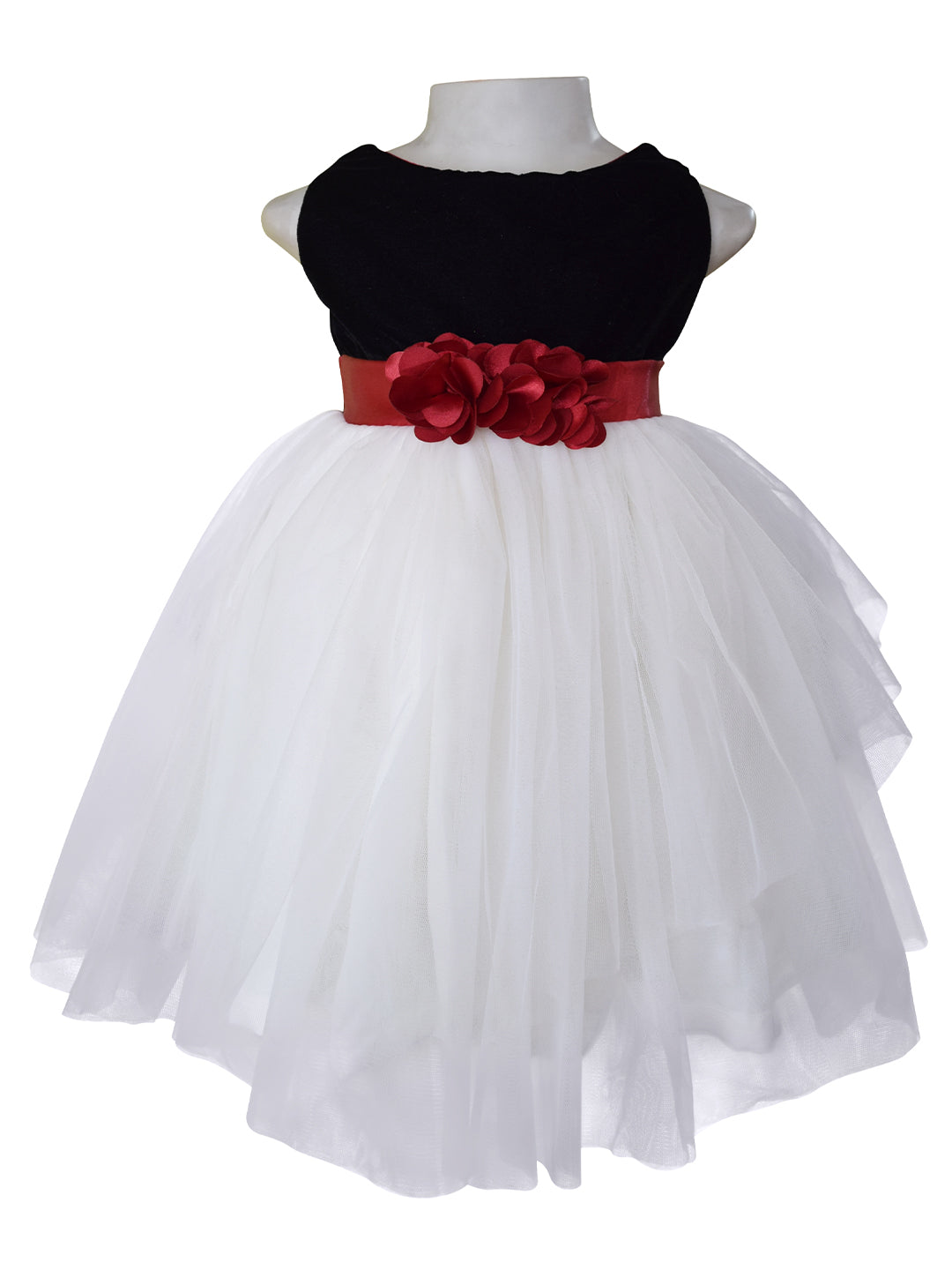 A dress for little girls from Faye in Black Velvet & Ivory net with Maroon satin sash and flowers