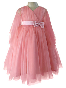 Faye Blush Pink V-Neck Gown with waterfall sleeves. 