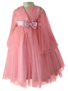 Faye Blush Pink V-Neck Gown with waterfall sleeves. 