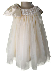 Faye Champagne Lace-Net Swing Dress with oversized bow.