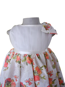 A Coral colour Floral print Lace Dress with Bow for baby girls
