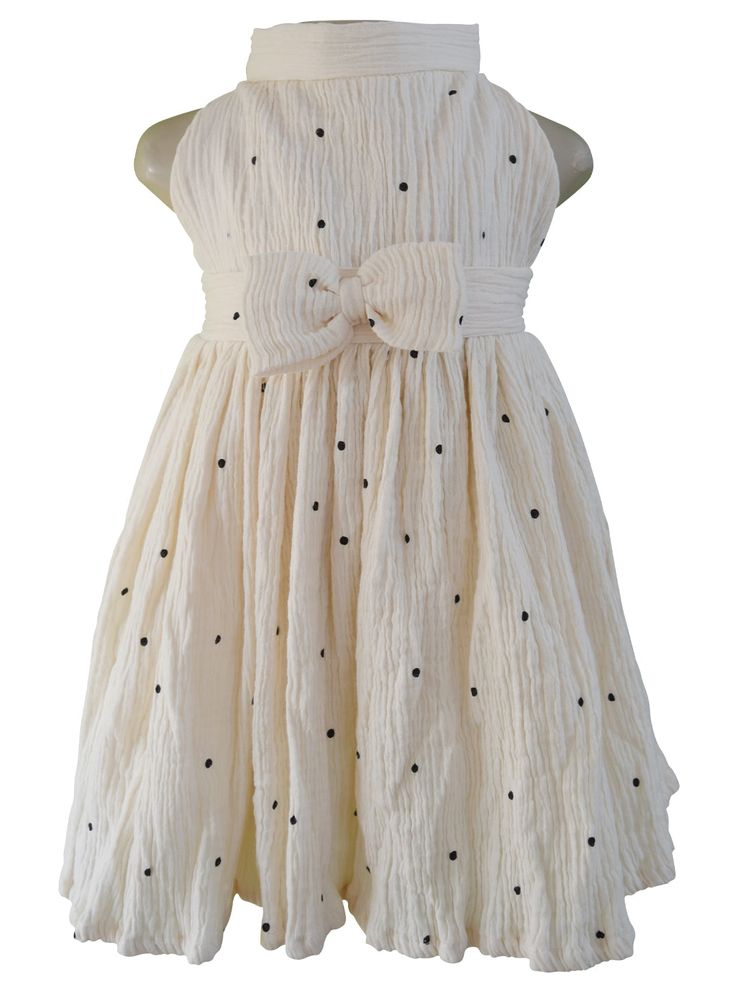 Faye Cream High Neck Dress with Black Polka Dots for little girls