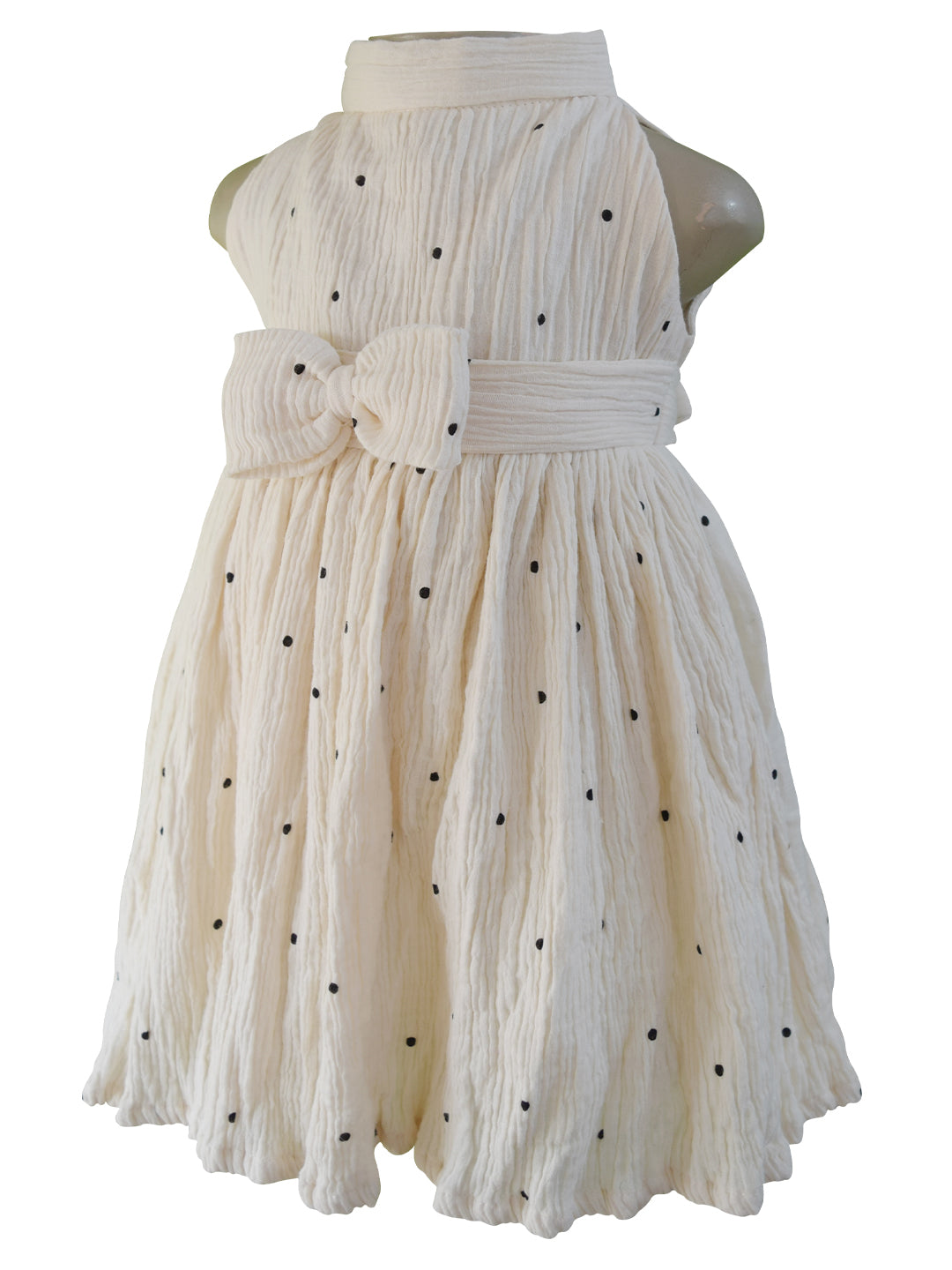 Faye Cream High Neck Dress with Black Polka Dots for little girls