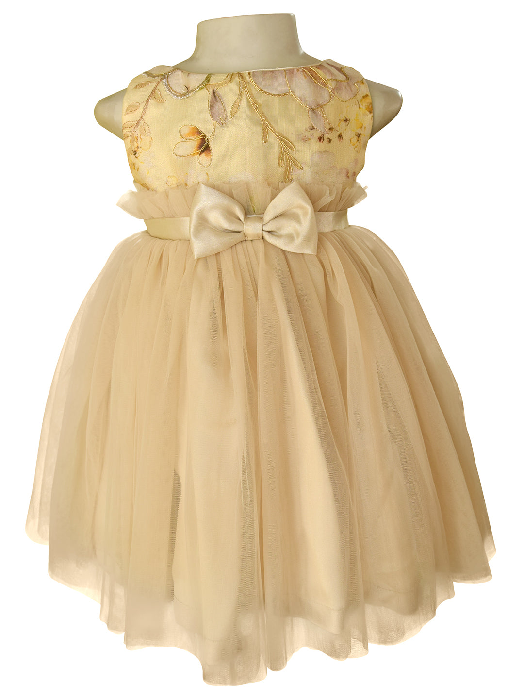 Kids dress in Gold with Embroidered bodice and skirt in net and Frill sash & bow