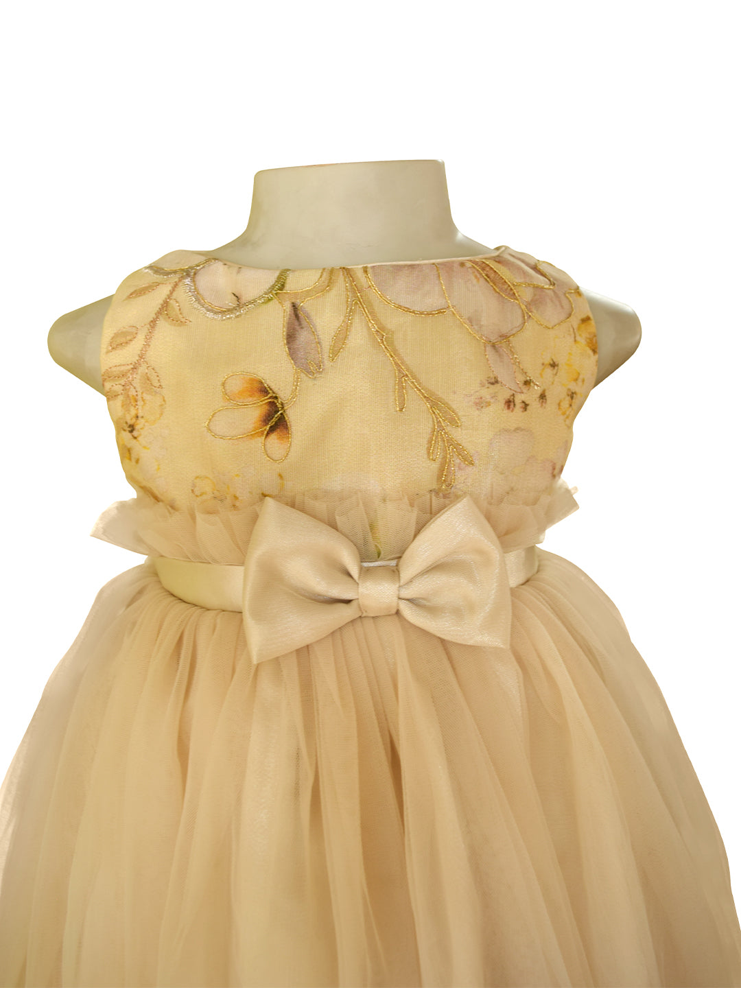 Dress for kids in Gold colour with embroidered bodice and  net skirt 