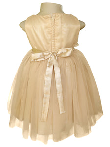 Back view of a kids dress in Gold colour with Embroidered bodice and skirt in net