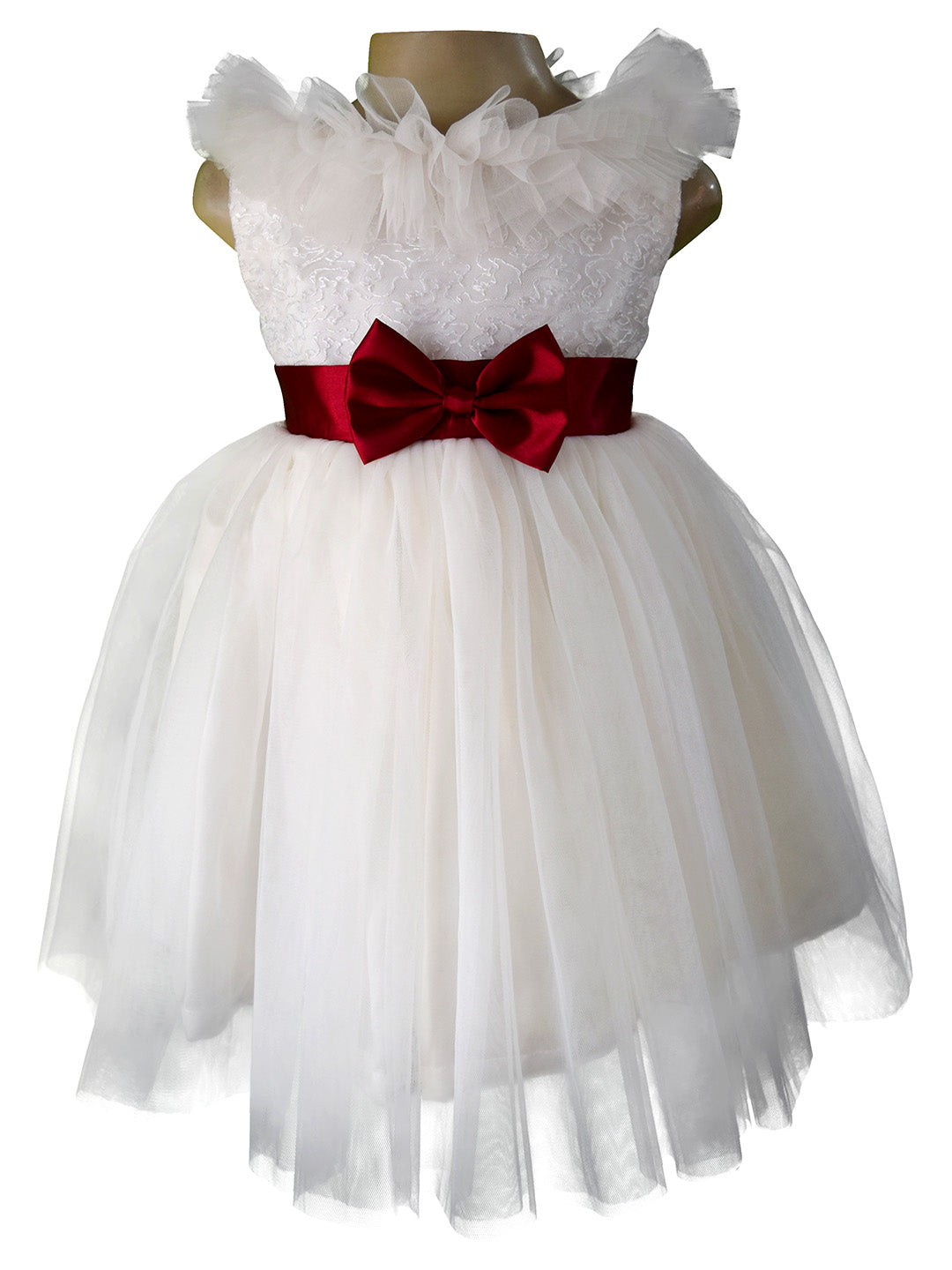 Faye Ivory Ruffle Dress for little girls with maroon bow