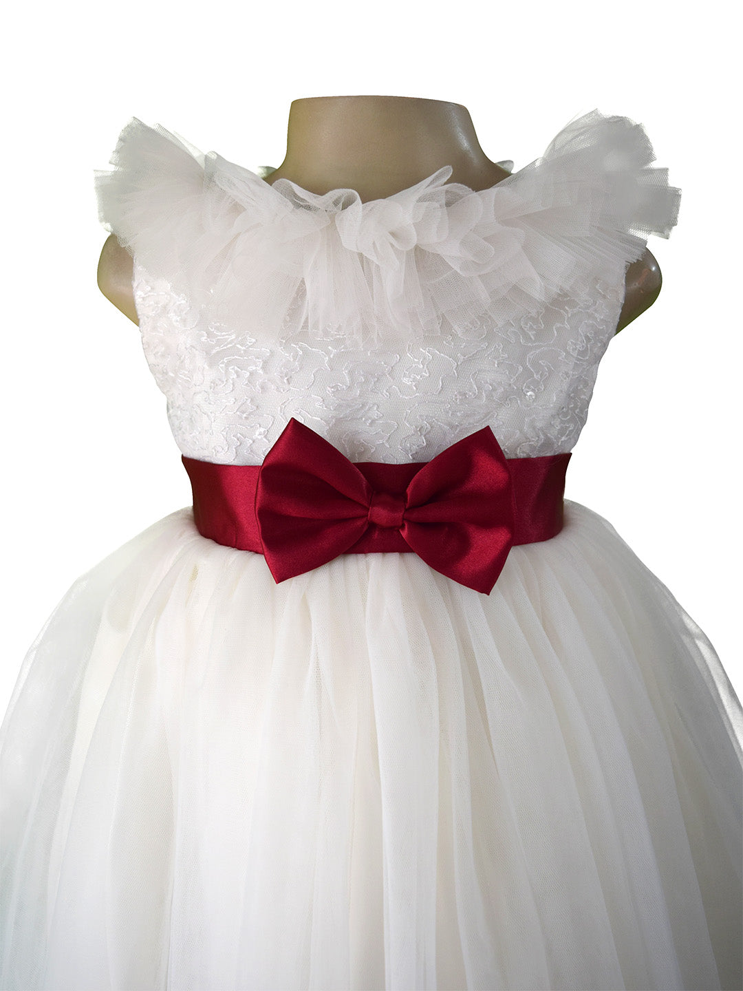 Faye Ivory Ruffle Dress for little girls with maroon bow