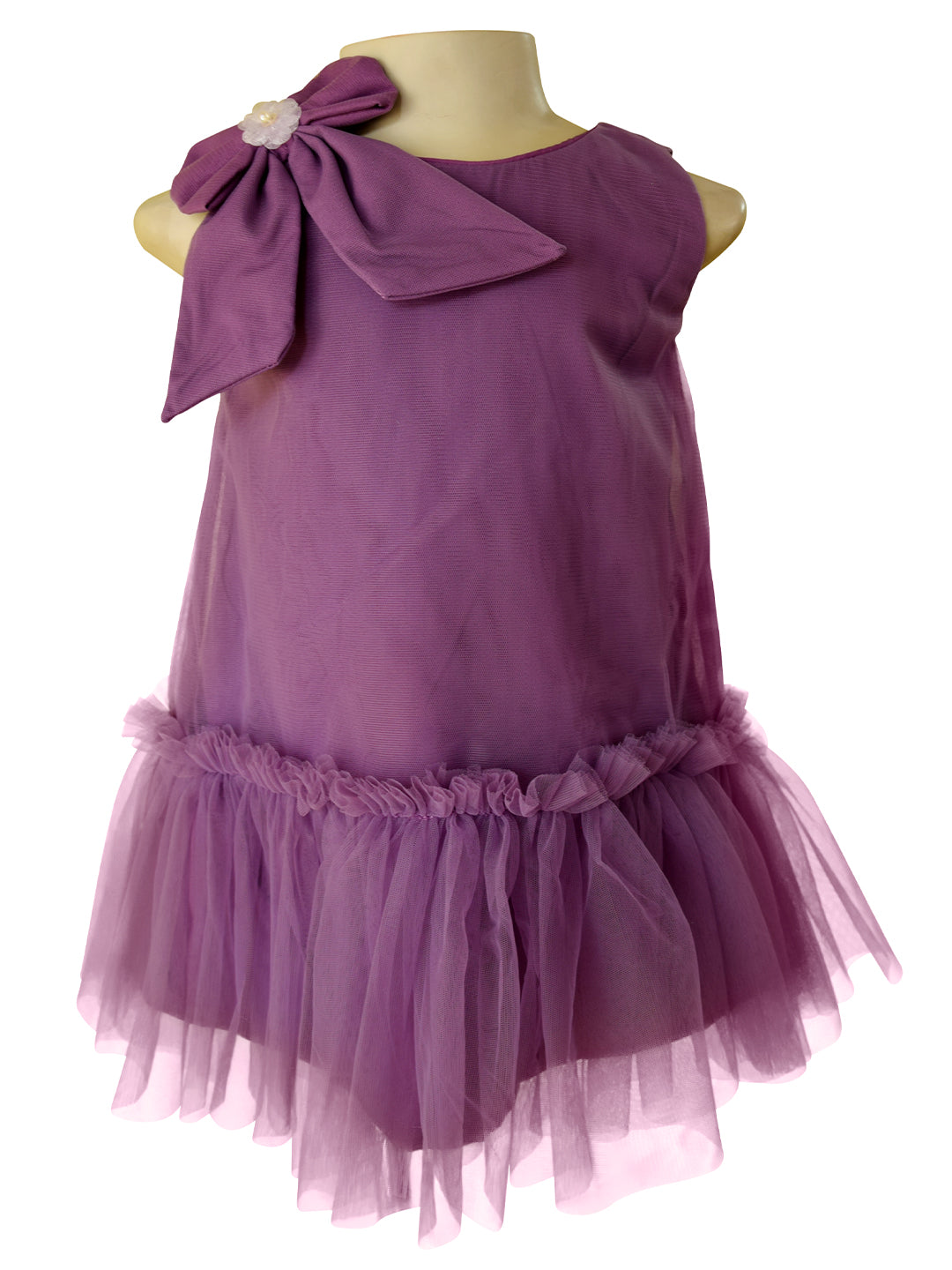 Dress for girls. A Lavender Net  dress with a Bow on the shoulder