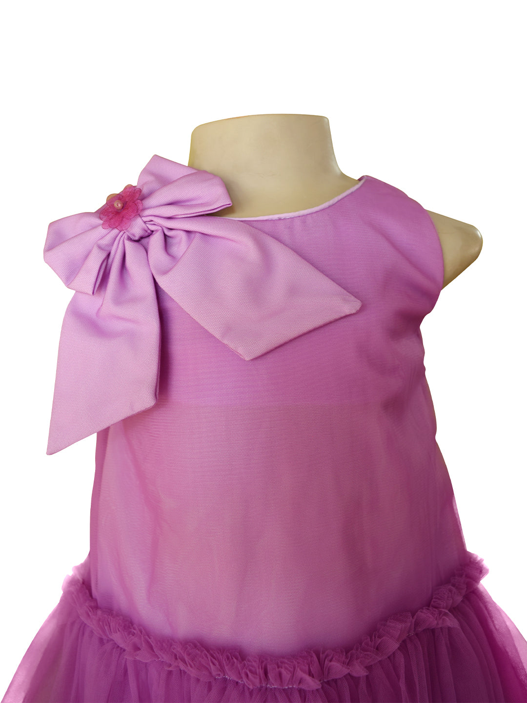 kids wear  a Lilac colour A  line dress in Net with Bow 