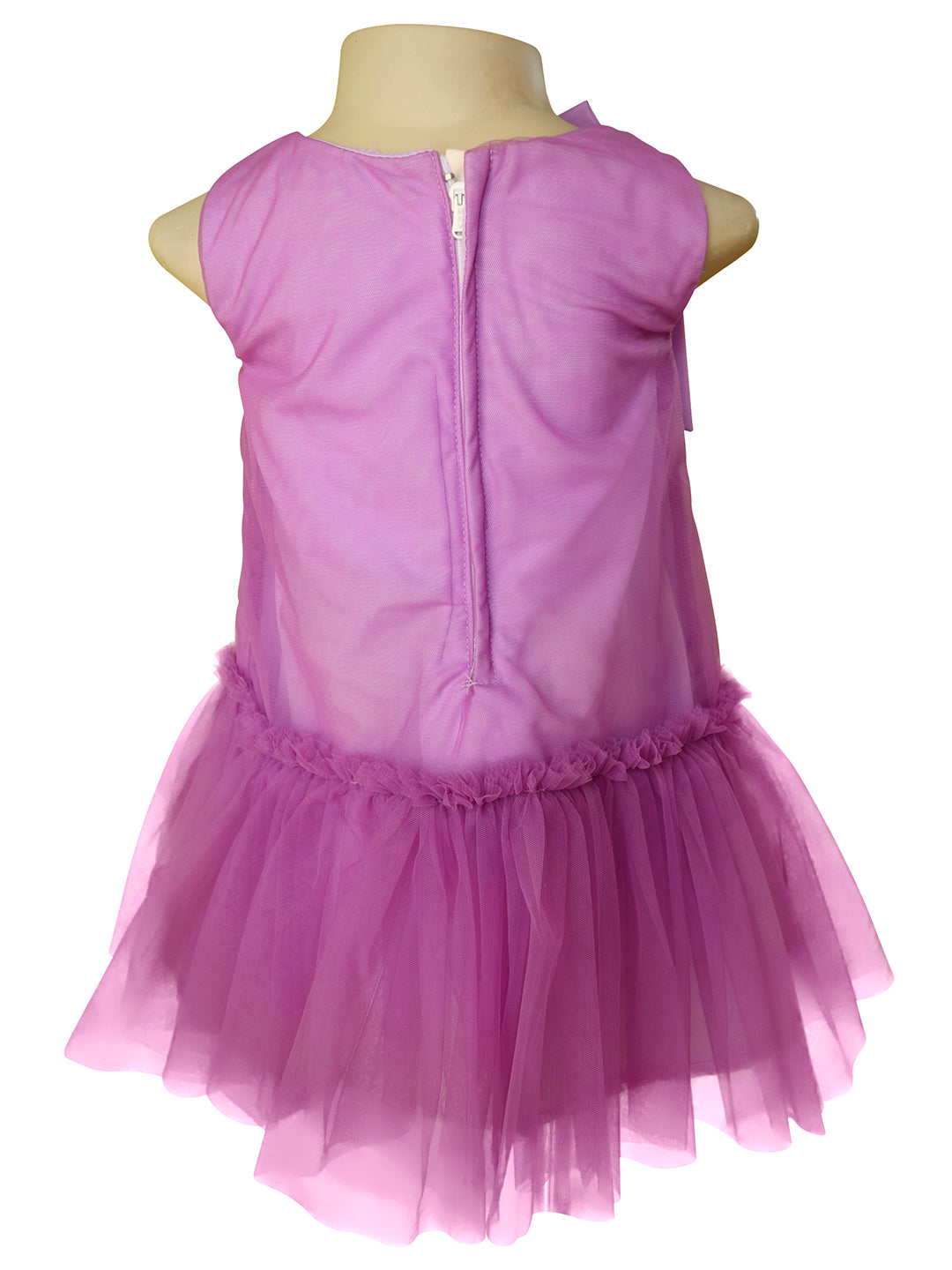 A sleeveless lilac dress displayed on a mannequin torso, showing the back view with a central zipper and a layered tulle tutu skirt.