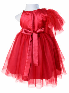 A rmaroon girls' party dress  that features a satin and net  sleeveless bodice with a back zipper, a matching satin bow at the waist, a full tulle skirt, and a sheer tulle ruffle attached to one shoulder.