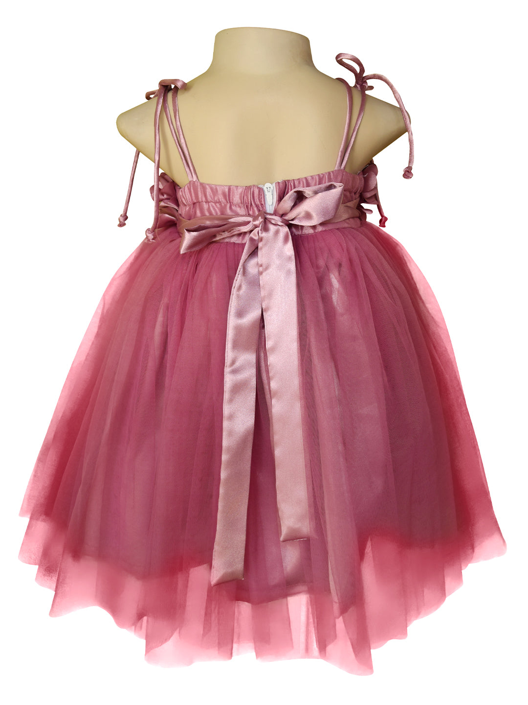 Back side view of a strappy mauve colour tutu dress with net skirts and statin sash 