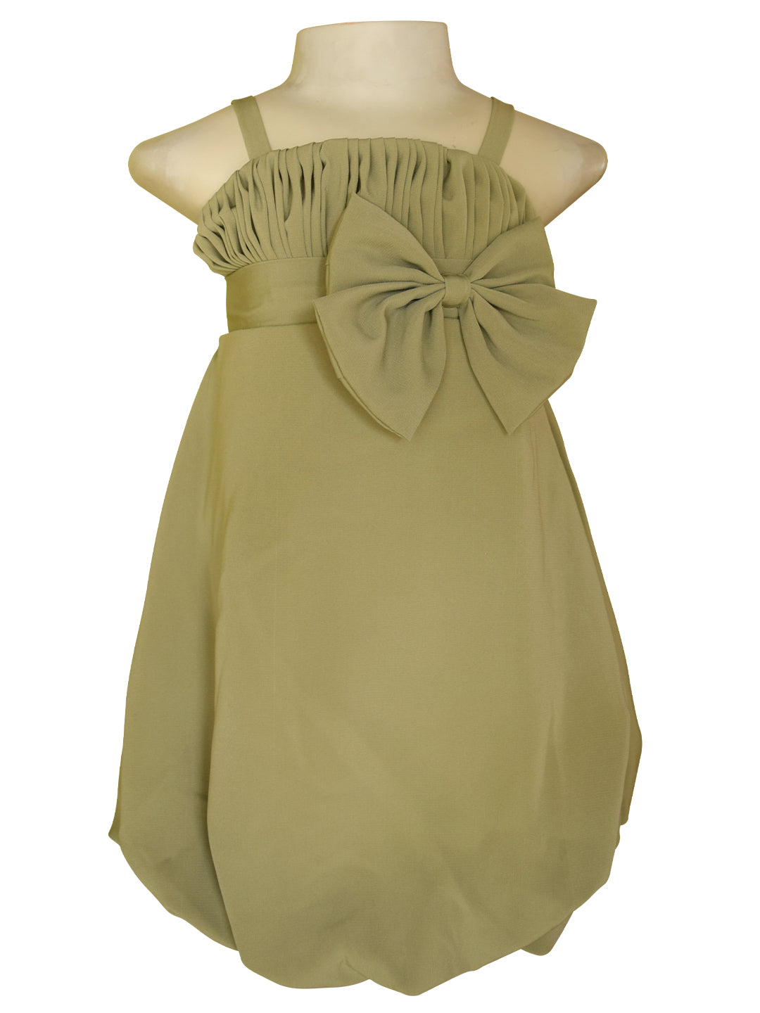 An sage green strappy dress displayed on a mannequin torso against a plain white background. The dress features a gathered bodice, thin shoulder straps, and a large matching fabric bow on the front.