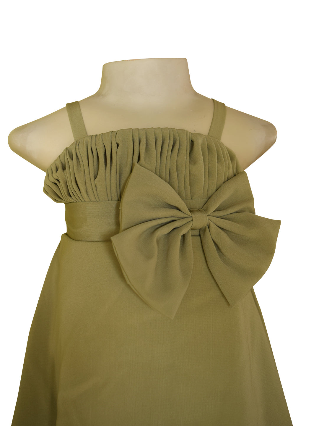 A sage green sleeveless dress displayed on a beige mannequin torso against a plain white background. The dress features a gathered, pleated bodice, thin shoulder straps, and a large matching fabric bow at the center of the waist.