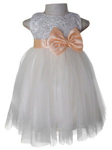 Kids dress in Silver Sequin bodice and Ivory net with Peach colour sash & bow at the waist