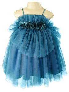 Faye Teal Green Asymmetric Party Dress with flowers.