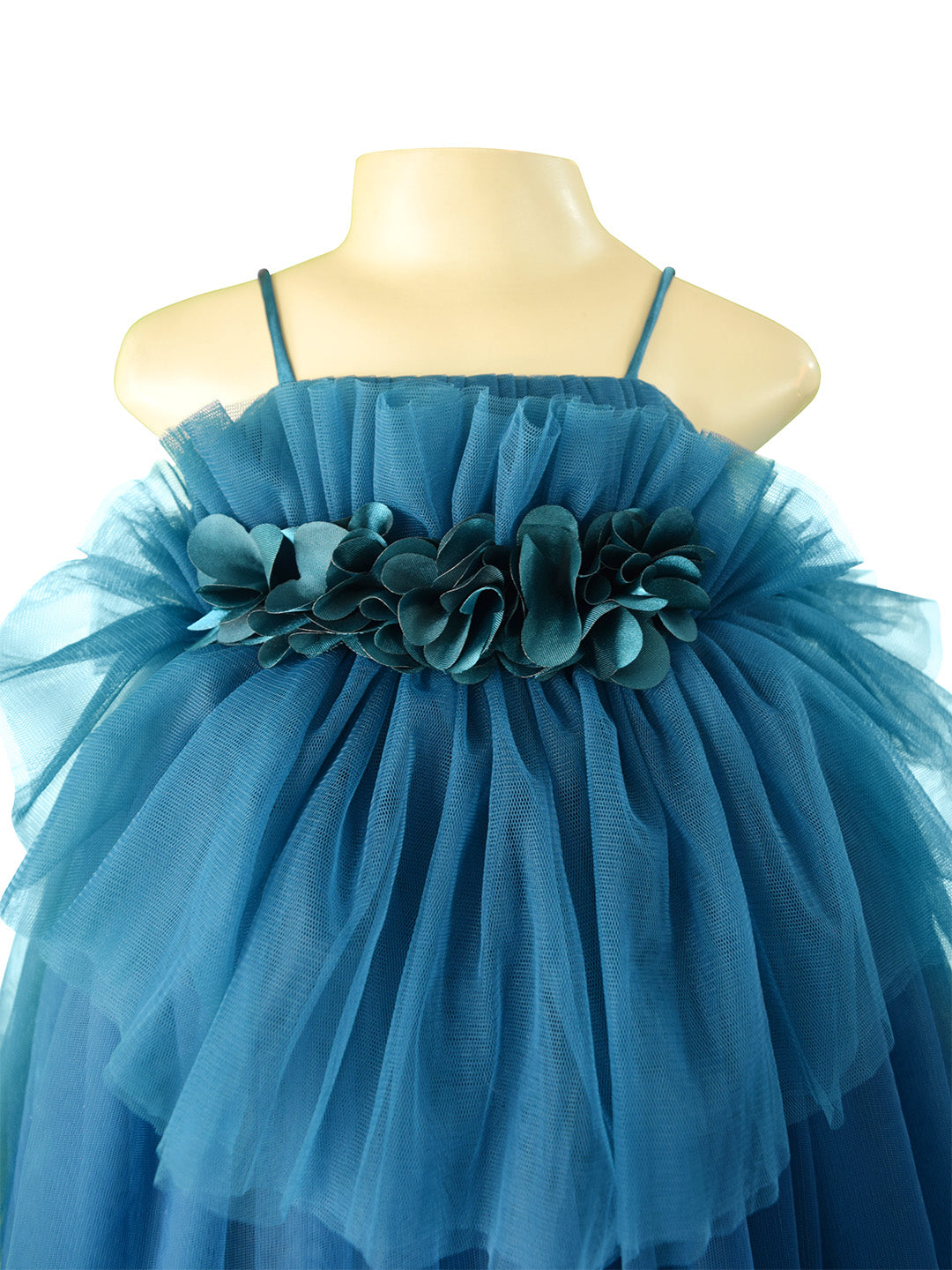 Faye Teal Green Asymmetric Party Dress with flowers.