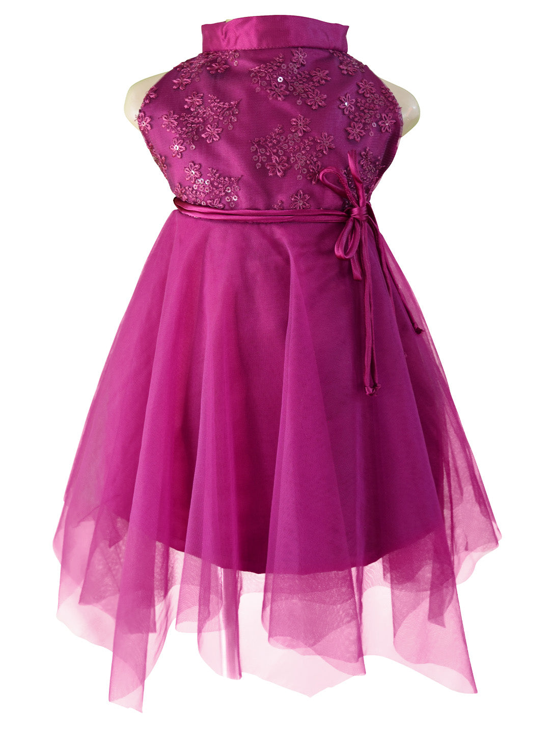 Faye Wine Hankerchief Party dress with lace bodice for little girls.