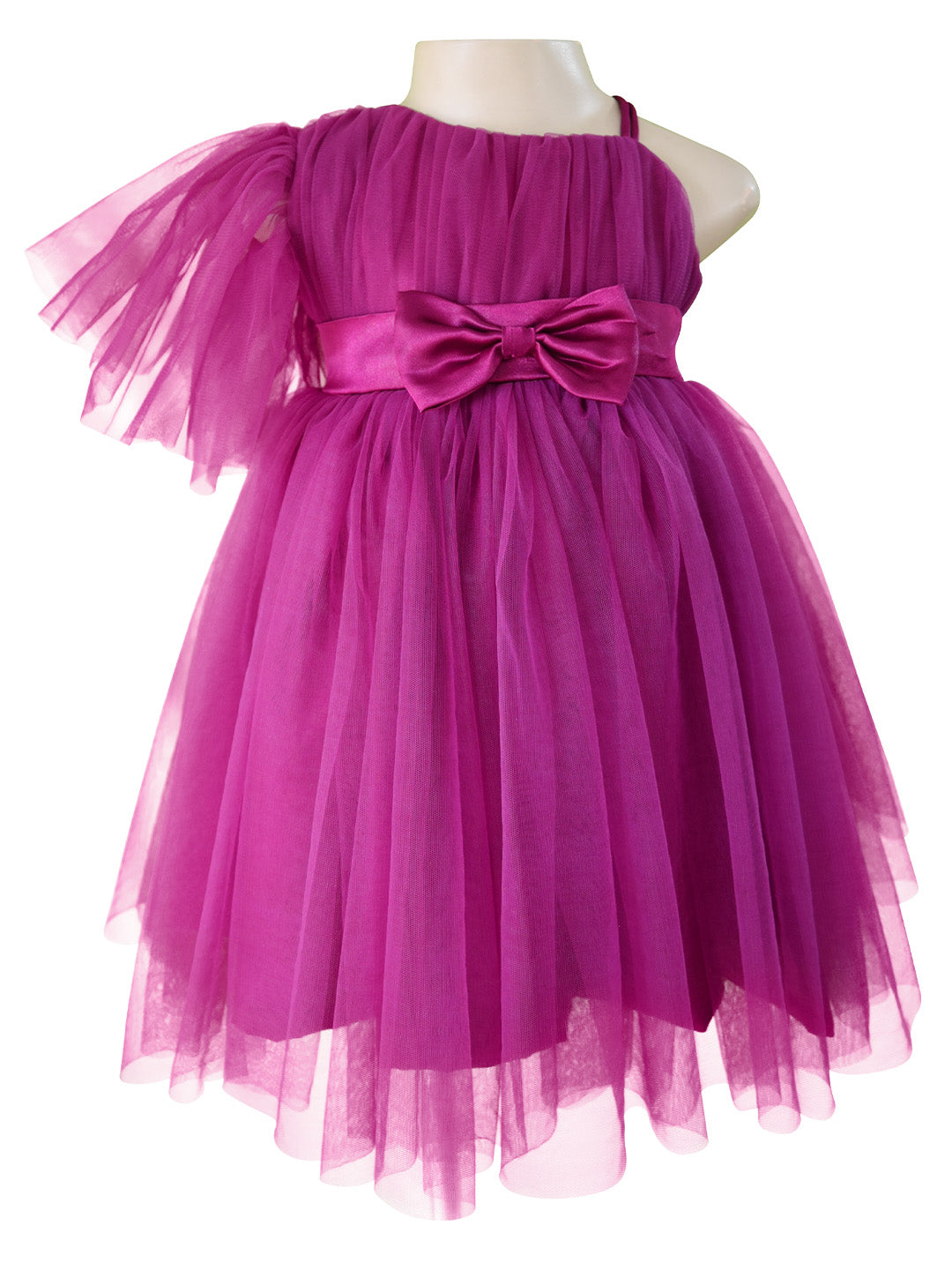 Faye Wine One Shoulder Party Dress with a gathered net sleeve for little girls