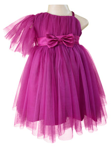 Faye Wine One Shoulder Party Dress with a gathered net sleeve for little girls