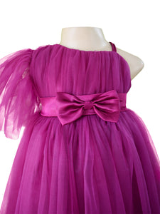 Faye Wine One Shoulder Party Dress with a gathered net sleeve for little girls