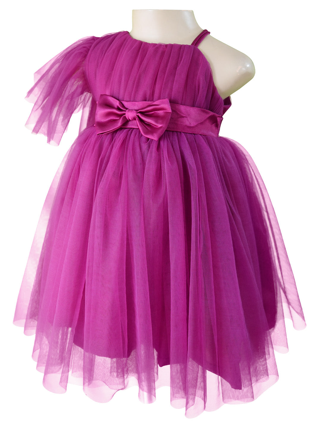 Faye Wine One Shoulder Party Dress with a gathered net sleeve for little girls