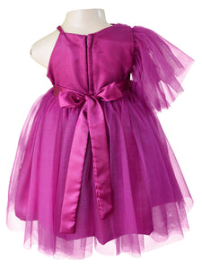 Wine One Shoulder Party Dress with a gathered net sleeve for little girls