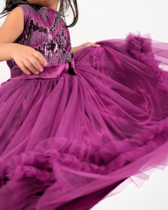 Faye Wine Sequin Gown with tiered net ruffles