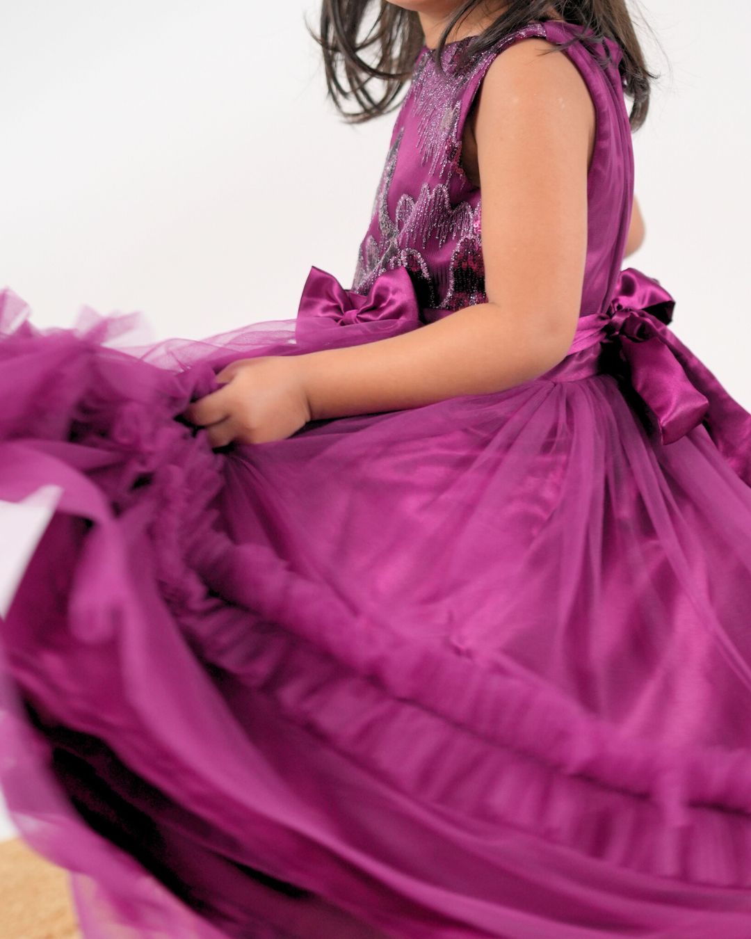 Faye Wine Sequin Gown with tiered net ruffles