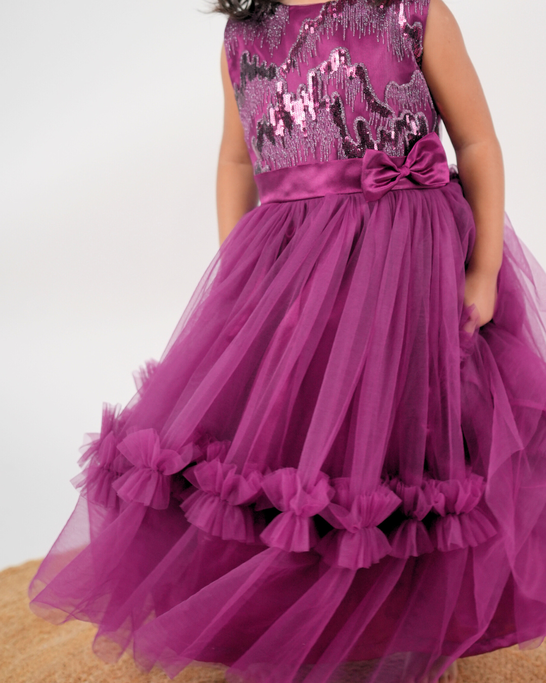 Faye Wine Sequin Gown with tiered net ruffles