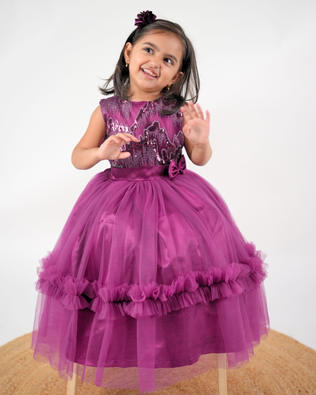 Faye Wine Sequin Gown with tiered net ruffles