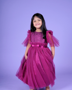 Faye Wine Emb Frill Bell Sleeve Gown | Purple gown for girls