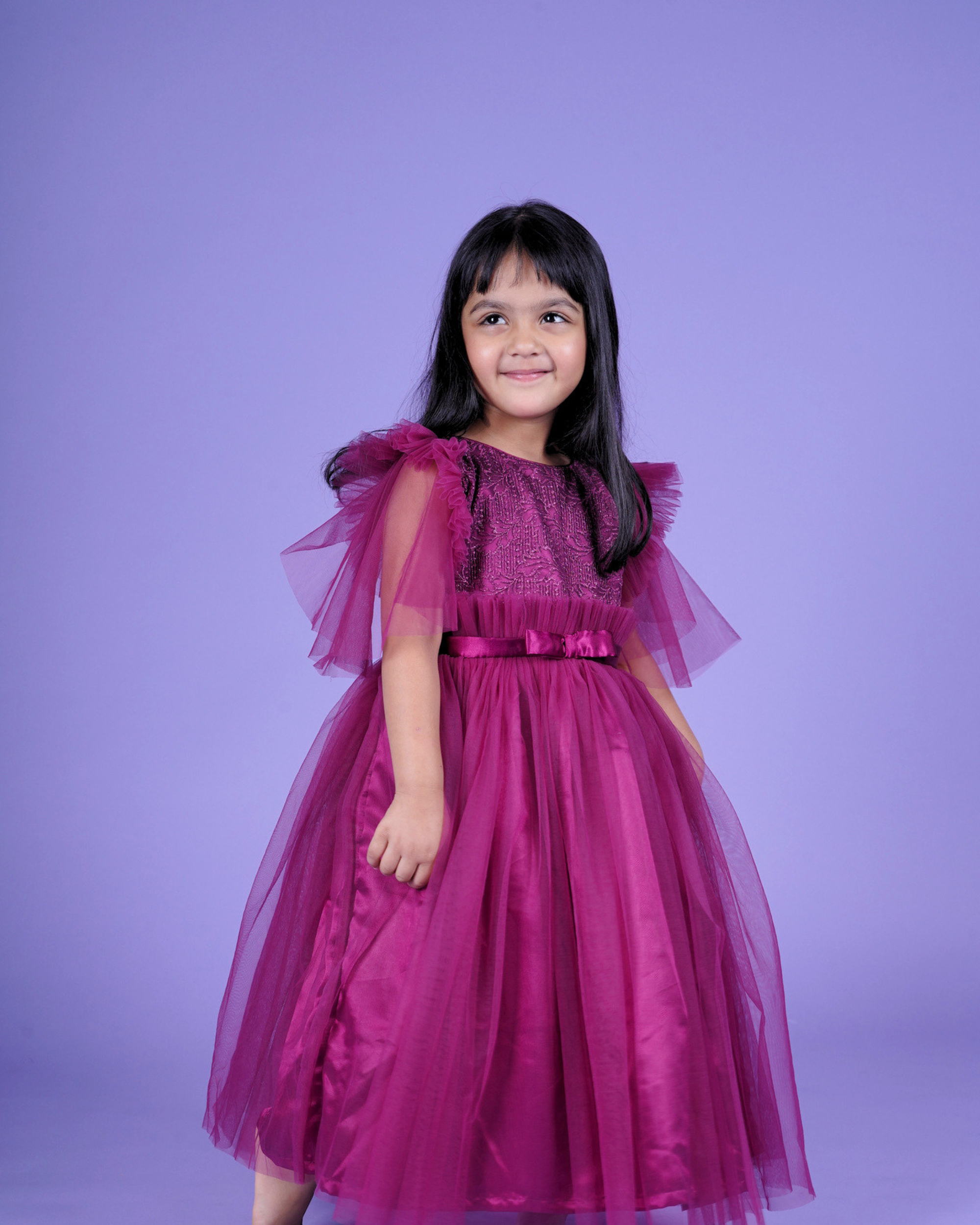 Faye Wine Emb Frill Bell Sleeve Gown | Purple gown for girls