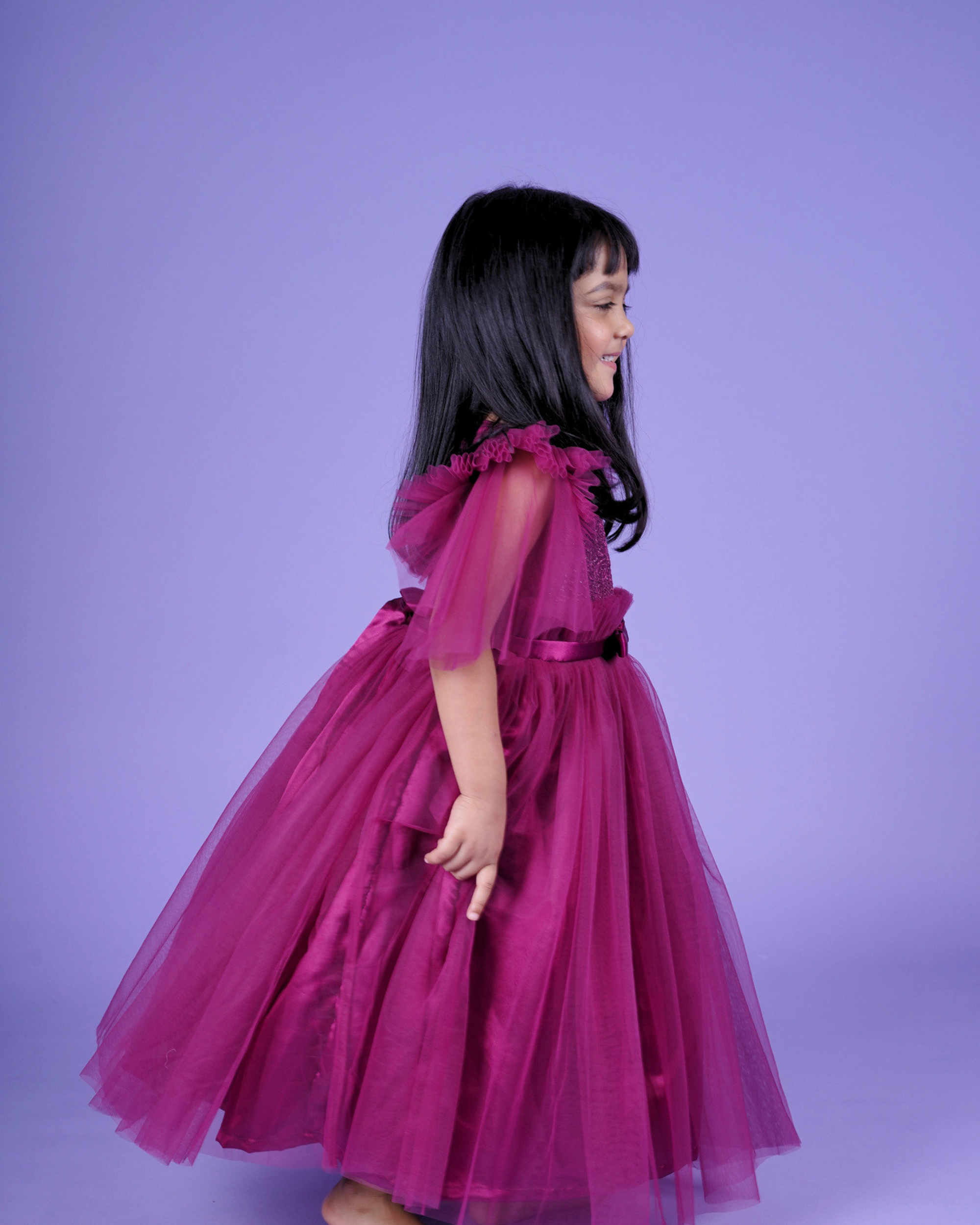 Faye Wine Emb Frill Bell Sleeve Gown | Purple gown for girls