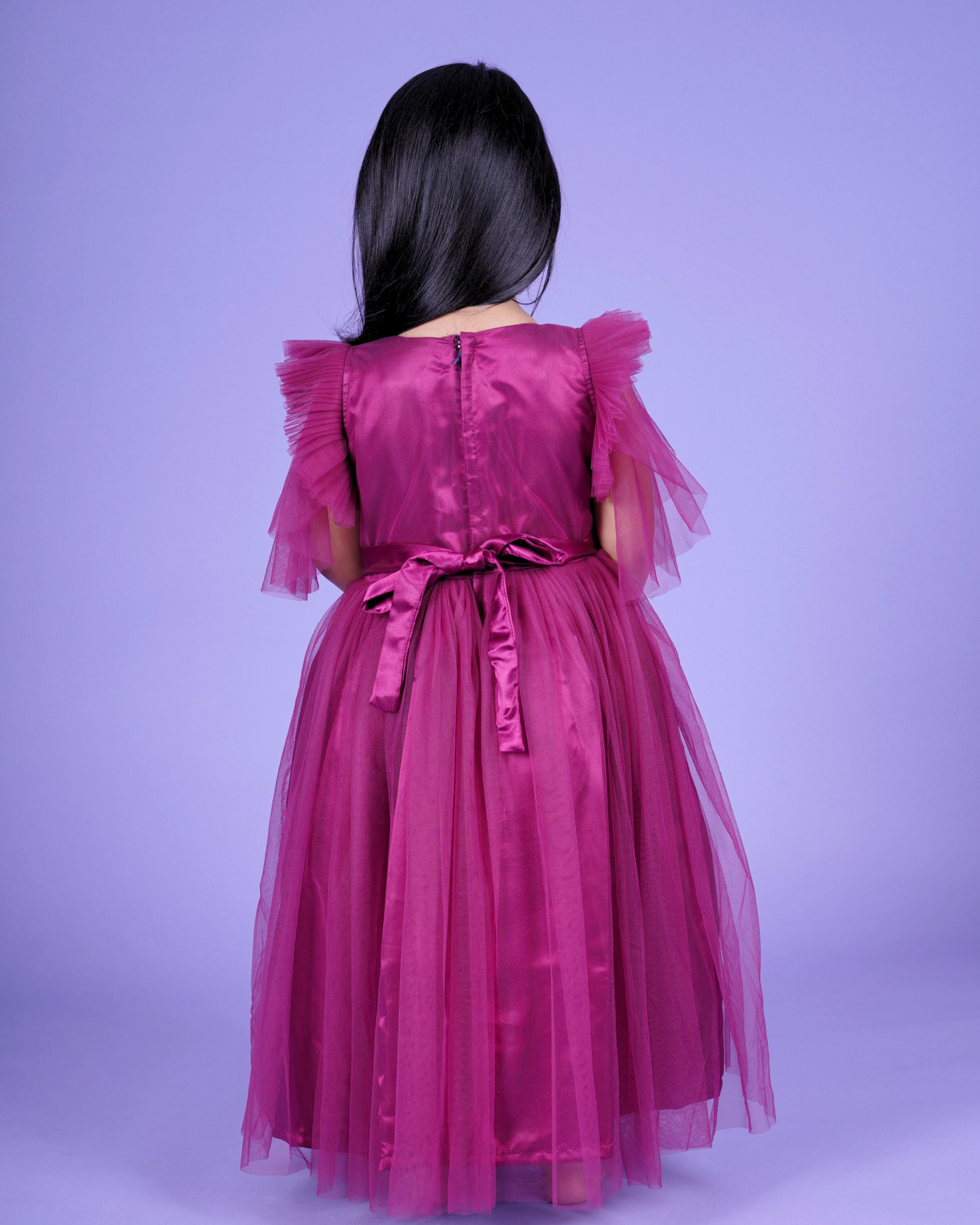 Faye Wine Emb Frill Bell Sleeve Gown | Purple gown for girls