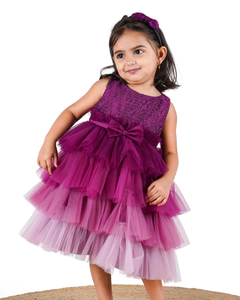 Young girl wearing the Faye Wine Embroidered Tiered Ombre Dress 