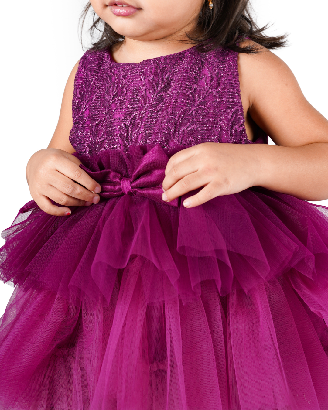 Young girl wearing the Faye Wine Embroidered Tiered Ombre Dress 