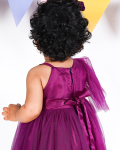 Faye Wine One Shoulder Party Dress with a gathered net sleeve for little girls