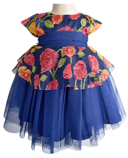 Blue Floral Peplum Kids Party Dress