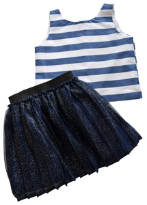Blue Shimmer Skirt & Striped Top_Faye
