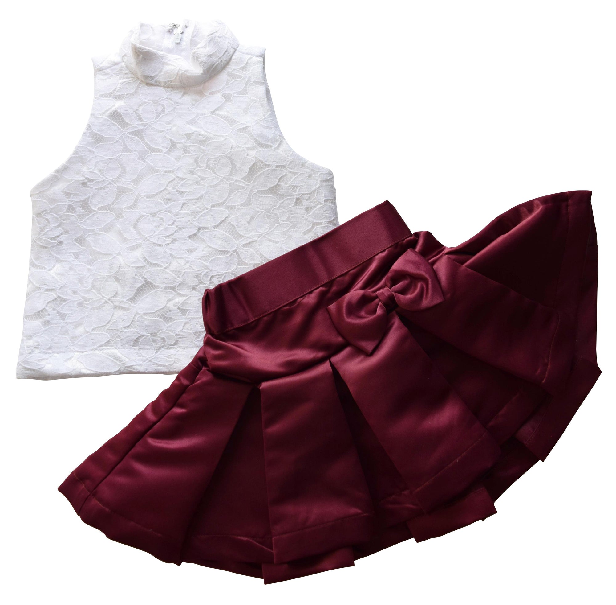 Burgundy Satin Skirt & White Lace top