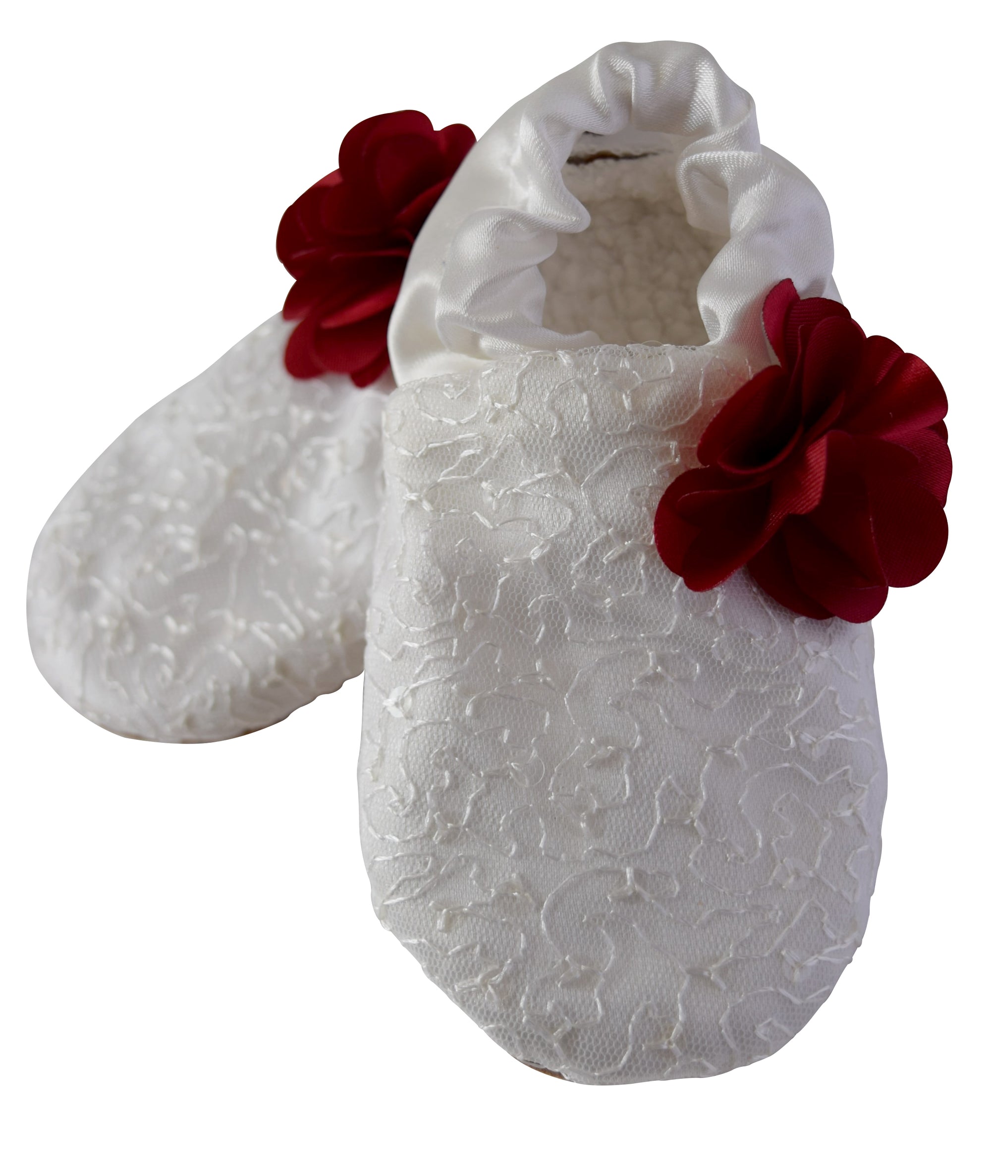 Kids Shoes_Ivory Mono Lace with Maroon Flower Booties
