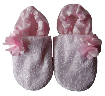 Kids footwear_White Mono Lace & Pink Satin with Pink Flower booties