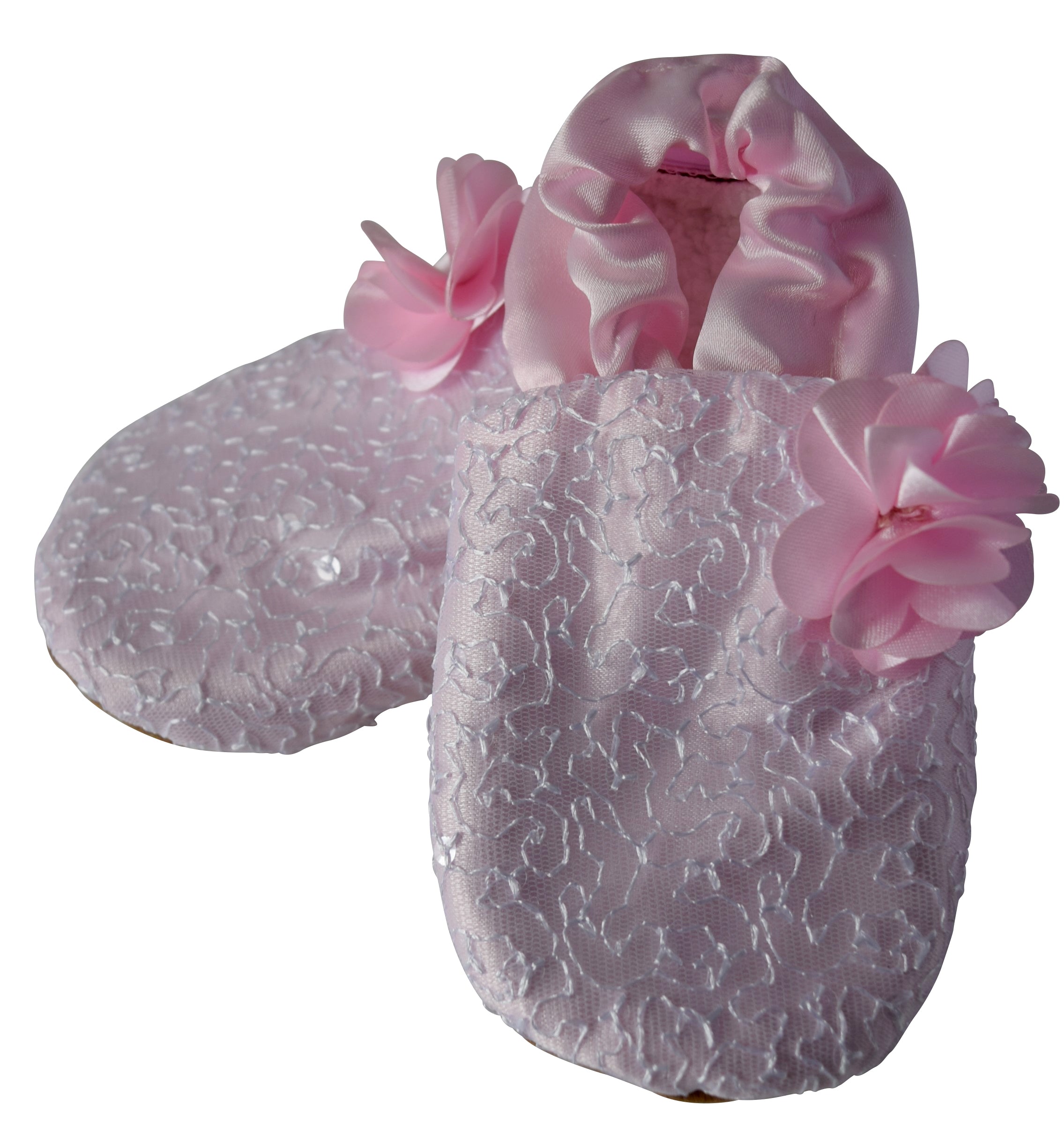 Kids footwear_White Mono Lace & Pink Satin with Pink Flower booties