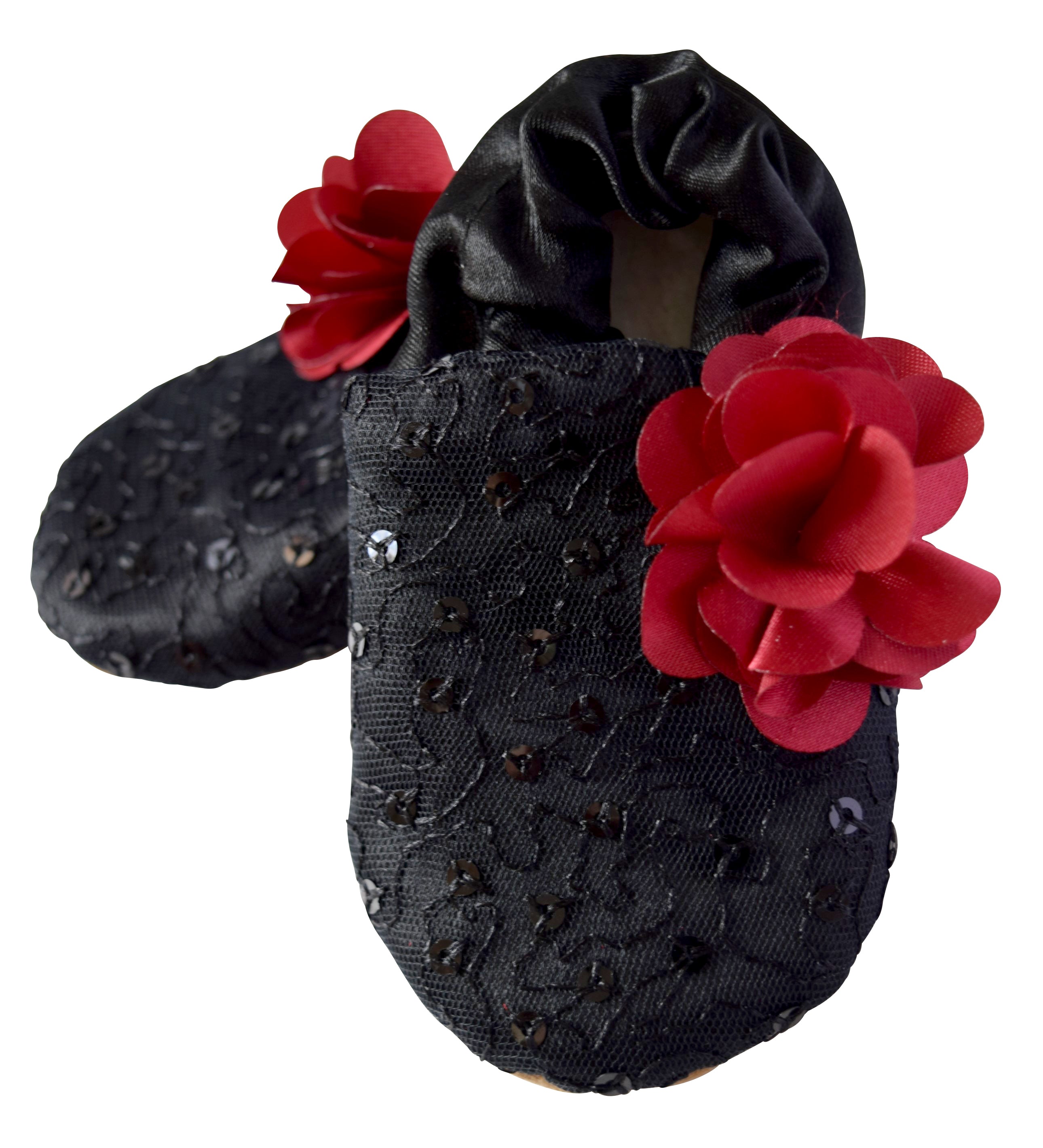 Kids Shoes_Black Mono Lace on Black Satin with Maroon Flower Booties