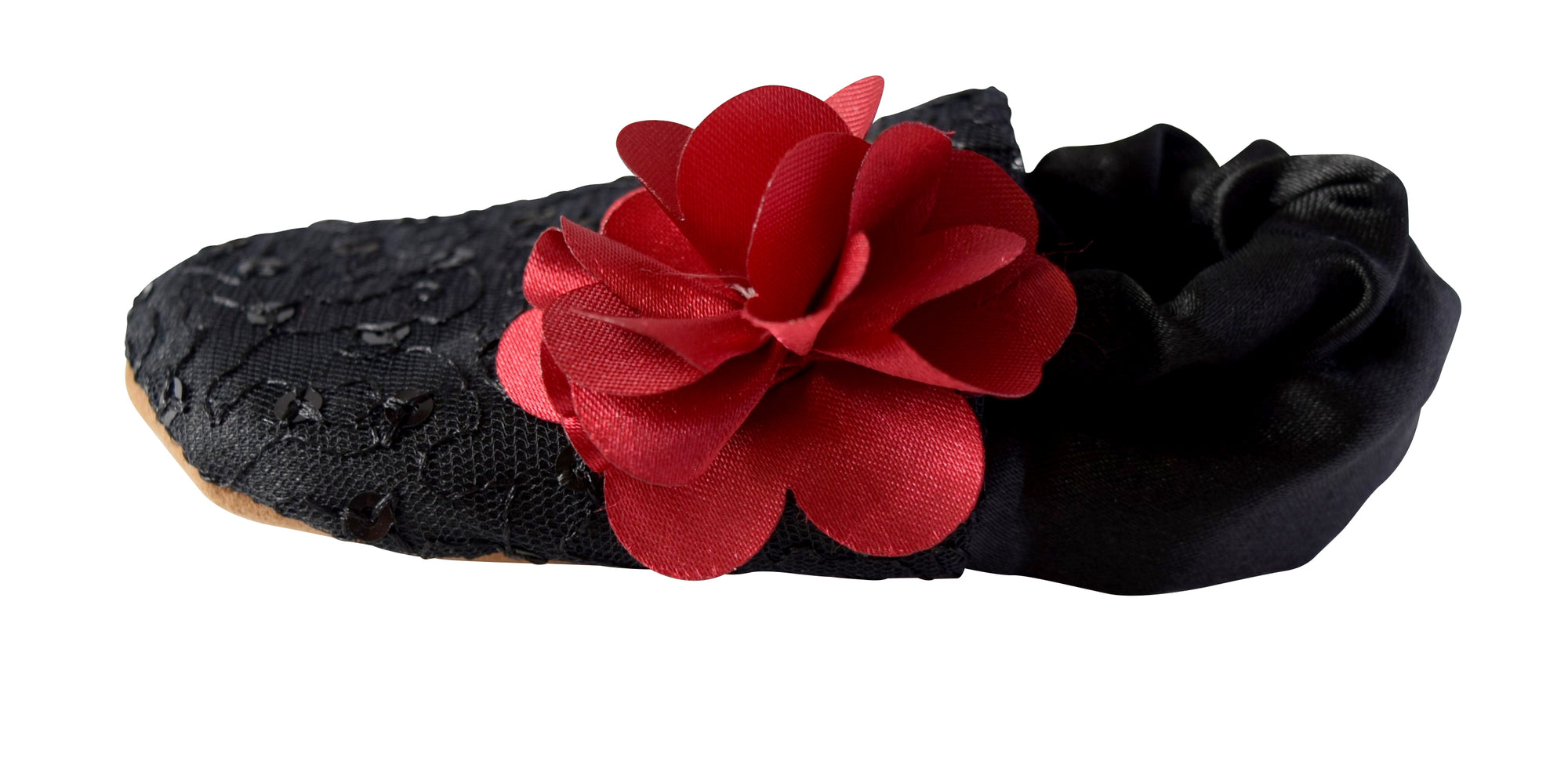 Kids Shoes_Black Mono Lace on Black Satin with Maroon Flower Booties
